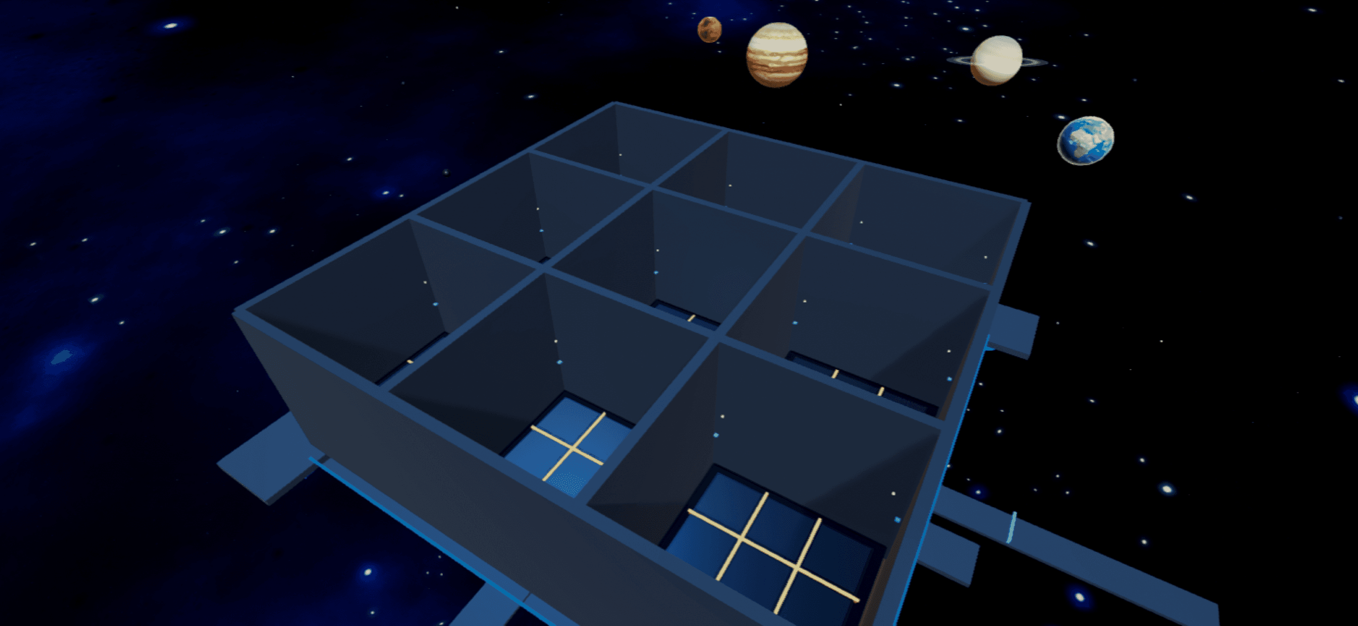 The nine connected rooms of Cosmic Arena floating among planets